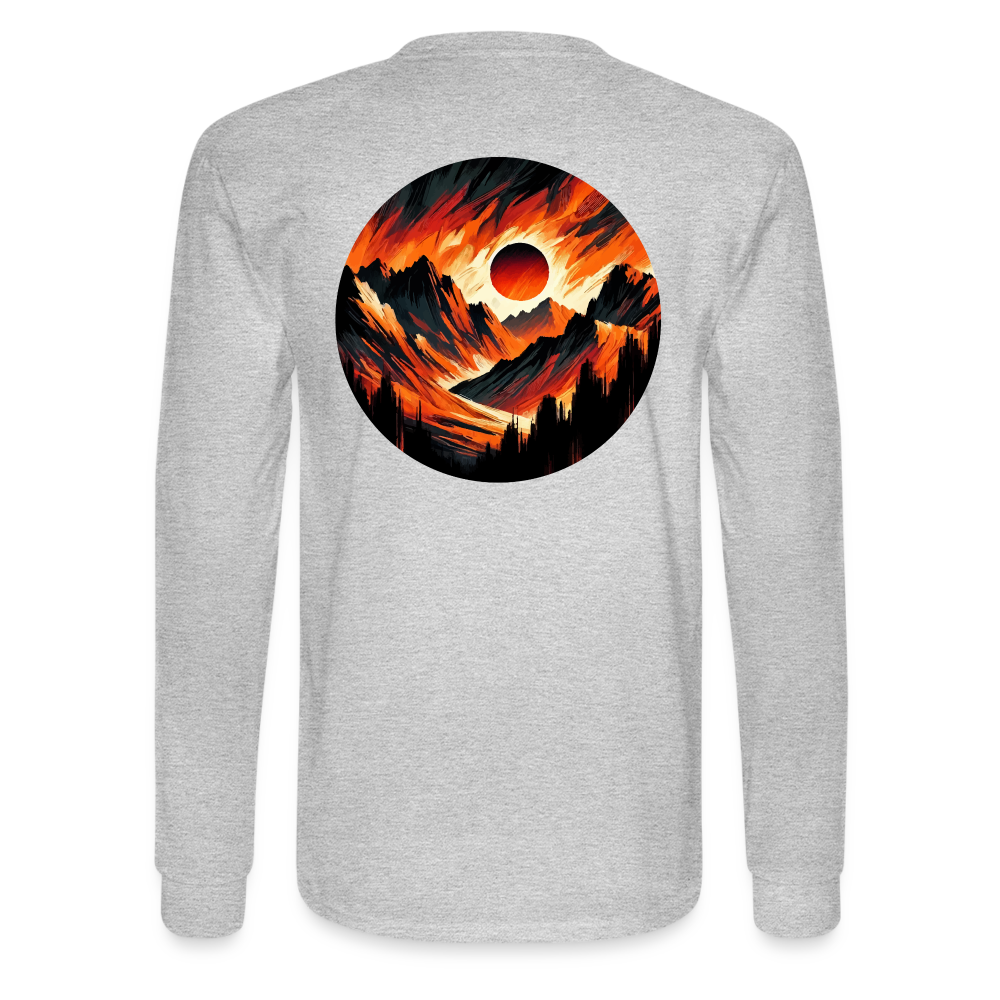 Men's Orange and Black Mountain Range Graphic Long Sleeve Shirt with Logo - heather gray