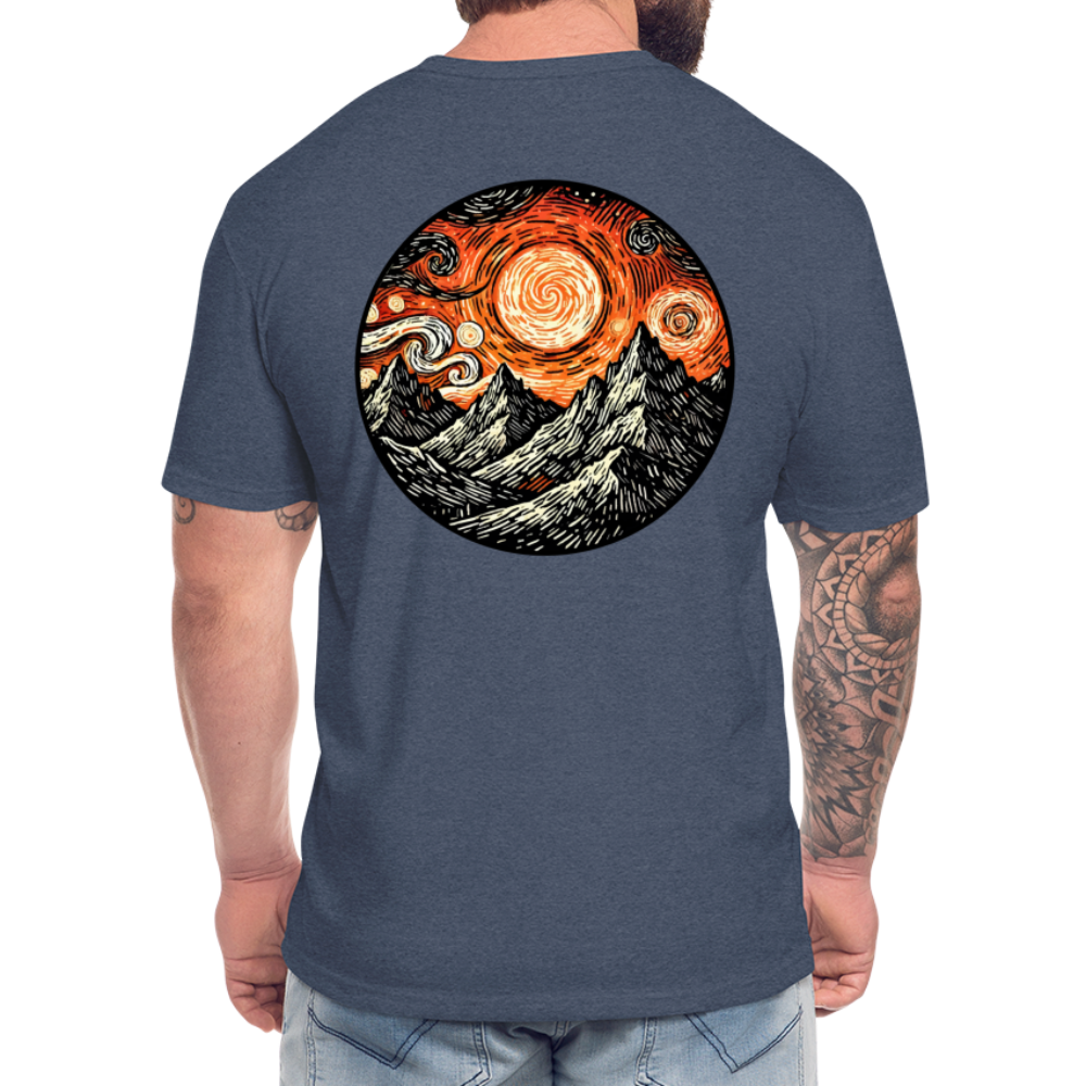 Orange Swirling Mountains Graphic Unisex Fitted Cotton/Poly T-Shirt with Logo - heather navy