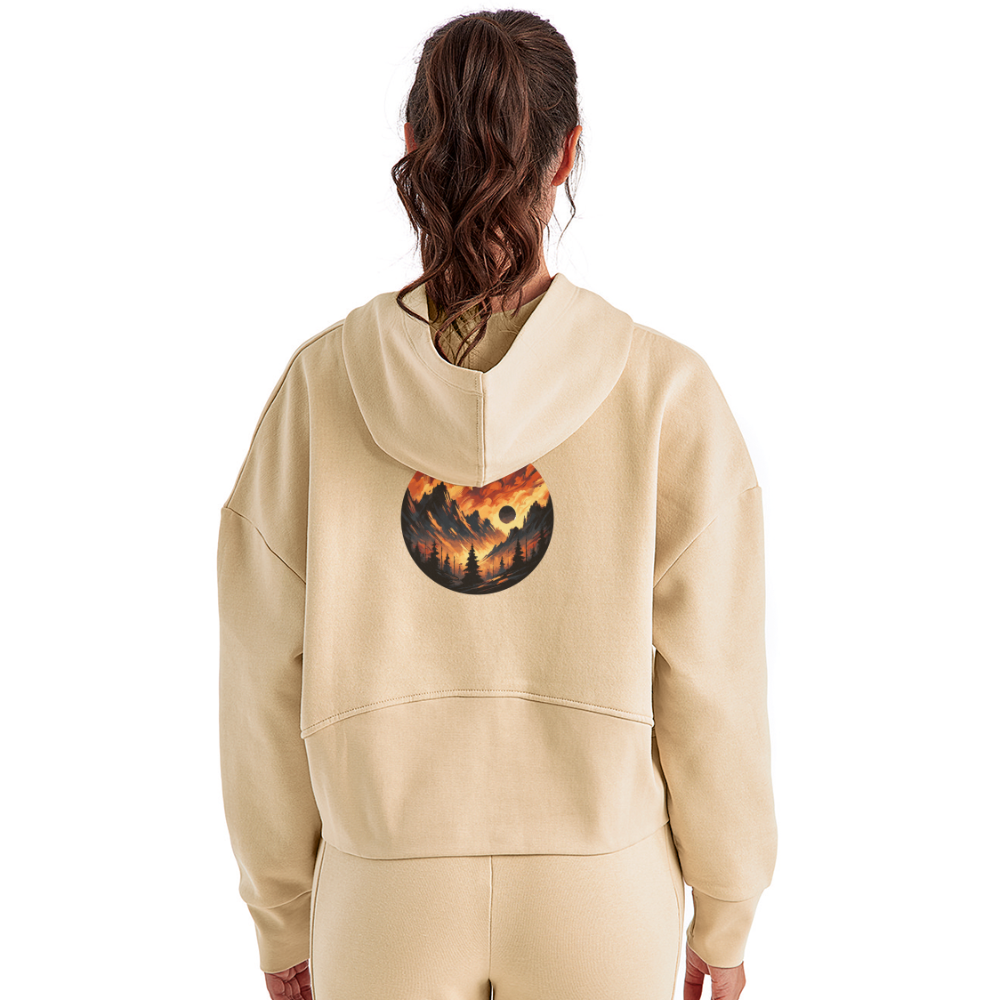 Women's Brushed Orange and Black Mountain Range Graphic Half Zip Cropped Hoodie with Logo - nude