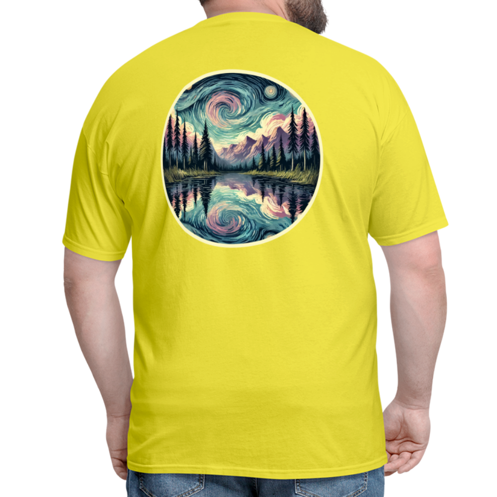 Purple Swirling Sky Reflected on Lake Graphic Unisex Classic T-Shirt with Logo - yellow