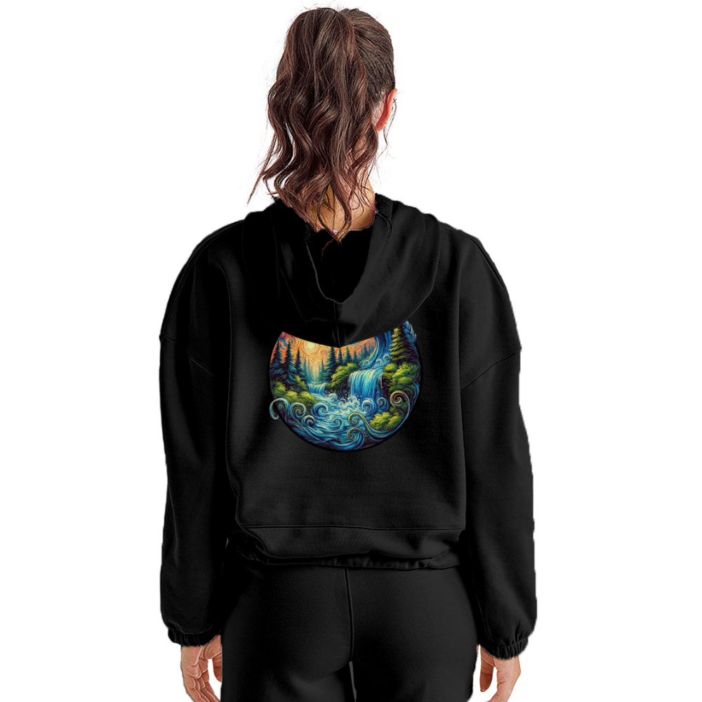 Women’s Waterfall Graphic Cropped Hoodie with Logo - black