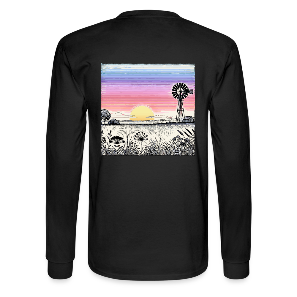 Men's Colored Prairie Landscape Graphic Long Sleeve Shirt with Logo - black