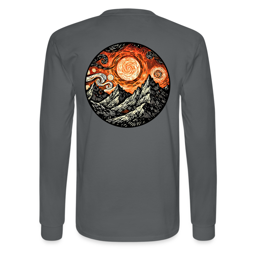 Men's Orange Swirling Mountains Graphic Long Sleeve Shirt with Logo - charcoal