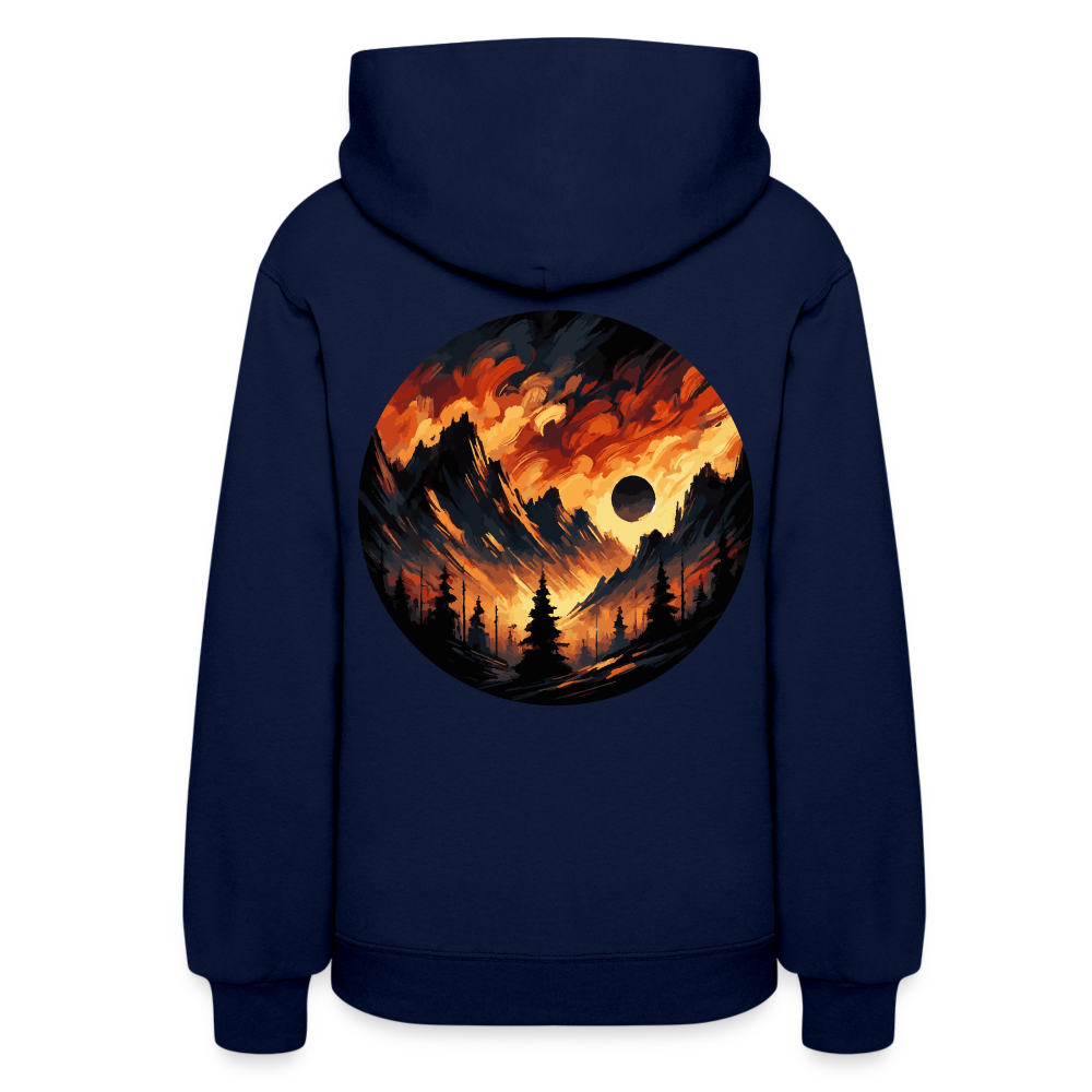 Women's Brushed Orange and Black Mountain Range Graphic Hoodie with Logo - navy