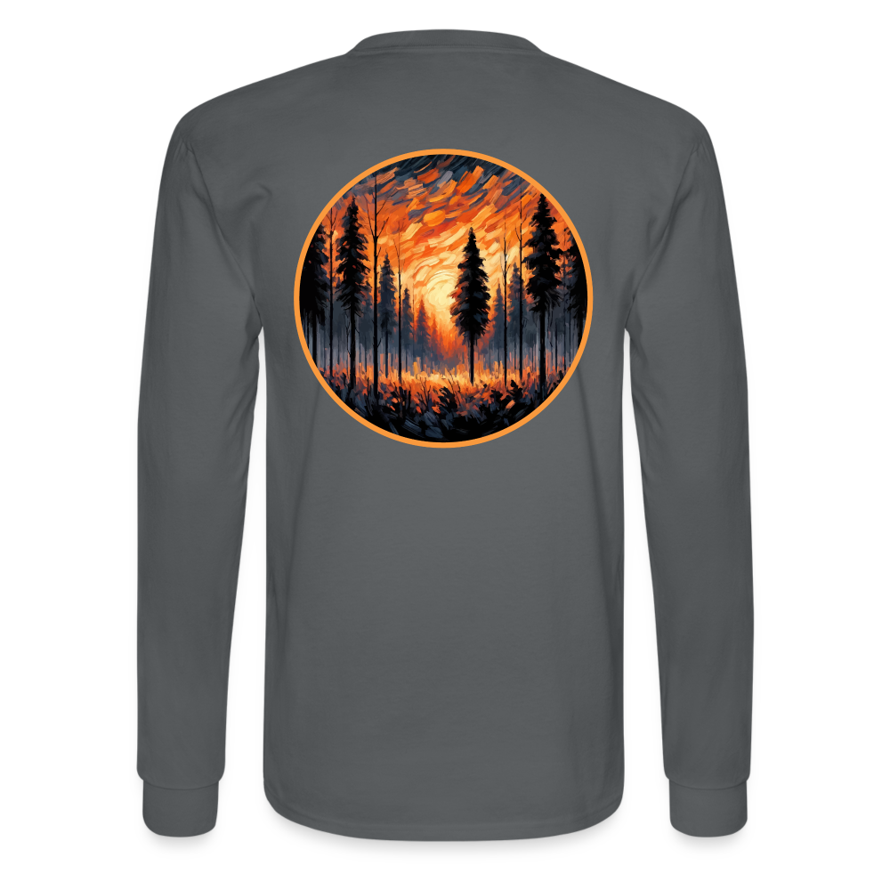 Men's Orange Forest Sunset Graphic Long Sleeve Shirt with Logo - charcoal