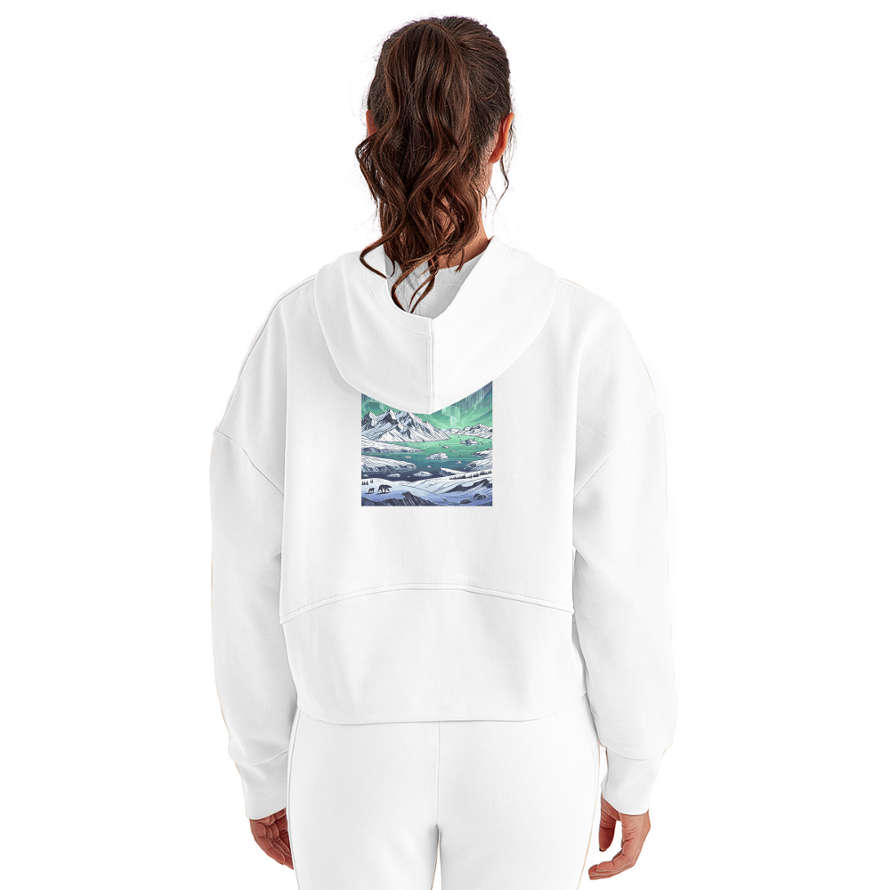 Women's Colored Northern Lights Arctic Landscape Graphic Half Zip Cropped Hoodie with Logo - white