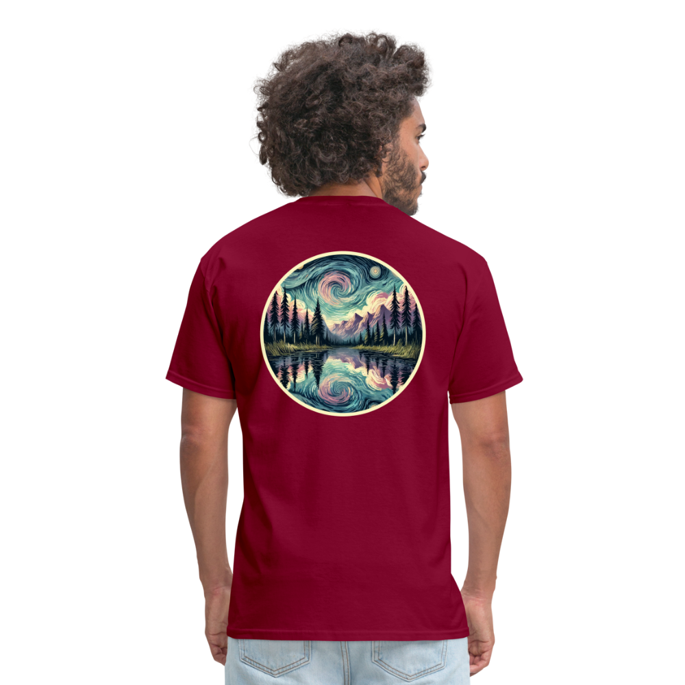 Purple Swirling Sky Reflected on Lake Graphic Unisex Classic T-Shirt with Logo - burgundy