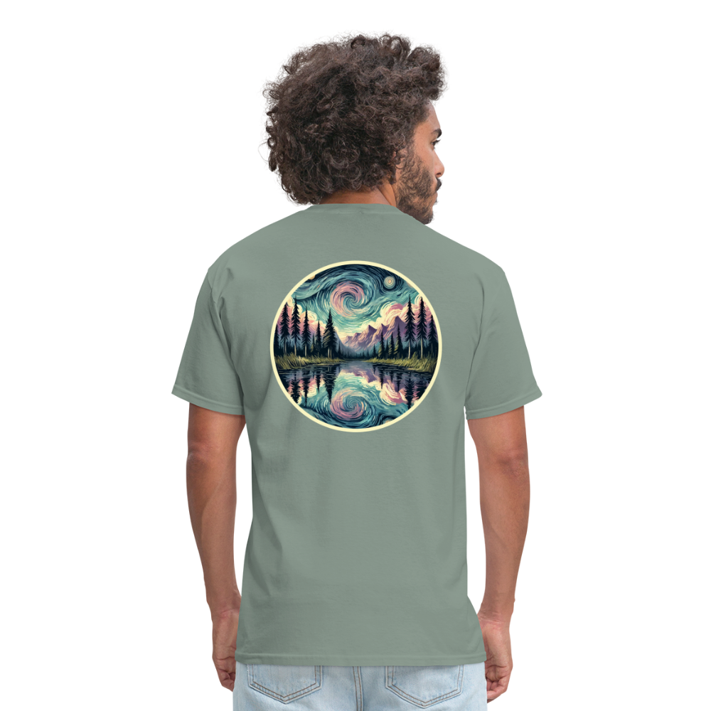 Purple Swirling Sky Reflected on Lake Graphic Unisex Classic T-Shirt with Logo - sage