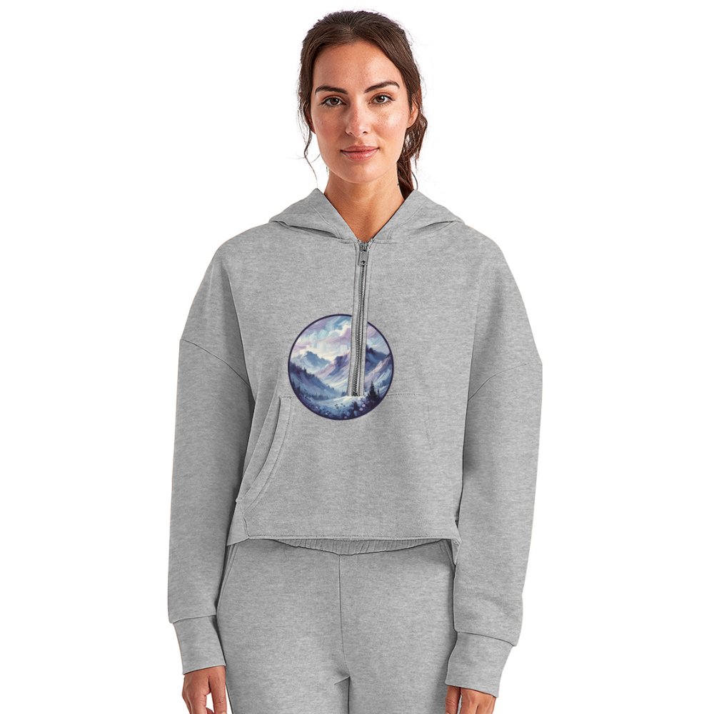 Women's Lavender Blue Mountain Range Graphic Half Zip Cropped Hoodie with Logo - heather gray