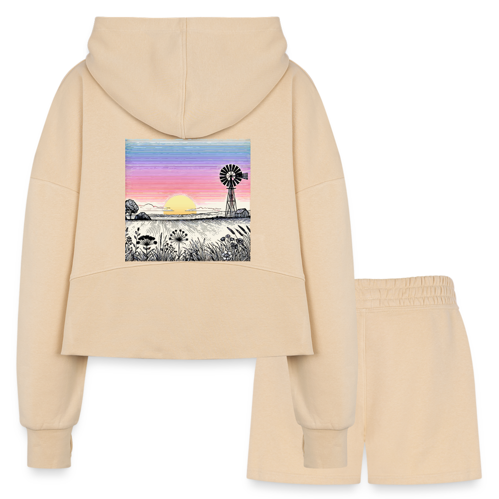 Women’s Colored Prairie Landscape Graphic Half Zip Cropped Hoodie & Jogger Short Set with Logo - nude