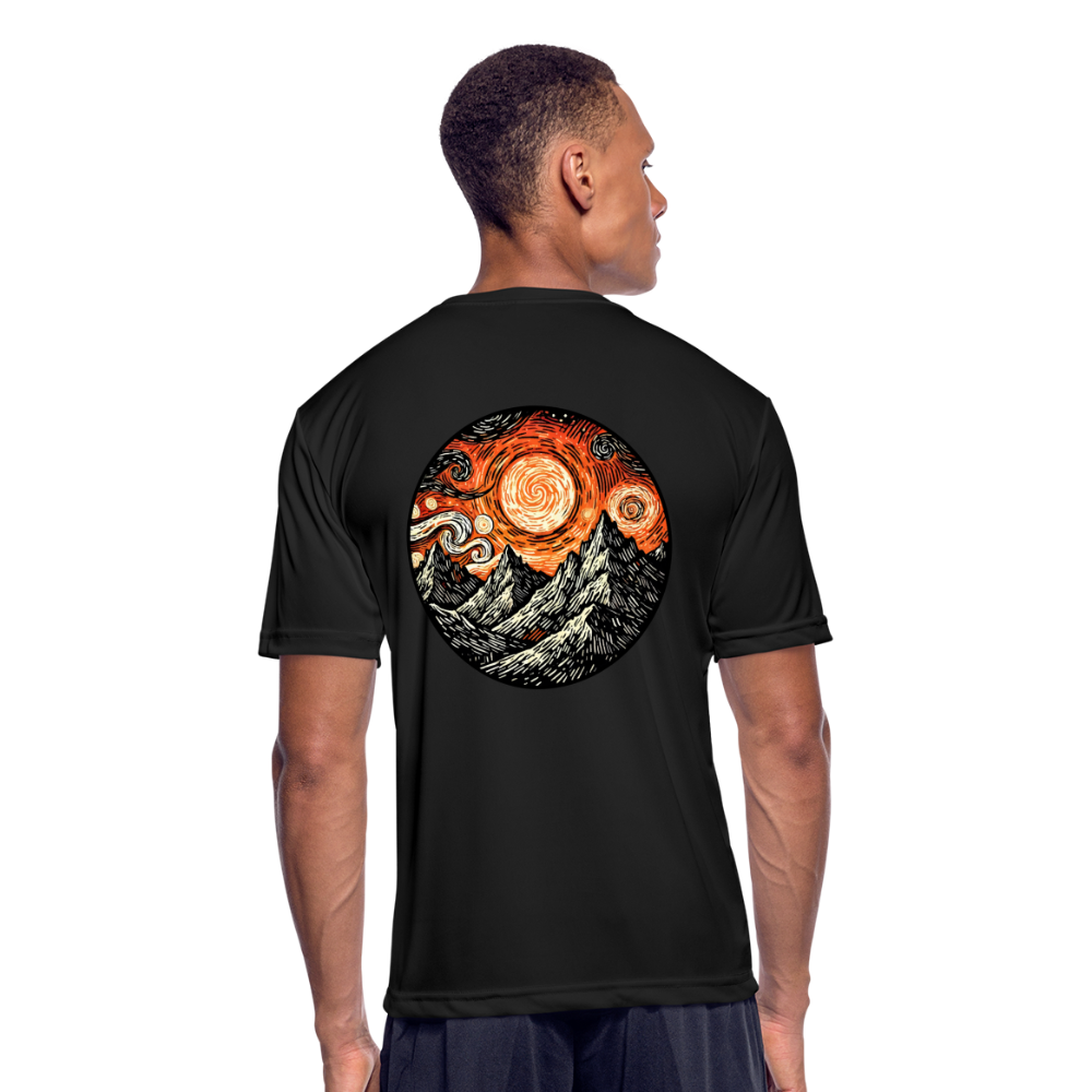 Men’s Orange Swirling Mountains Graphic Moisture Wicking Performance T-Shirt with Logo - black