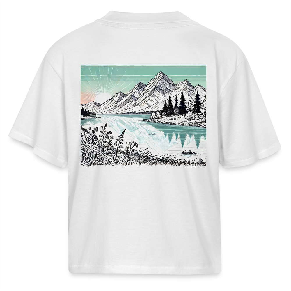 Women's Colored Mountain Lake Landscape Graphic Boxy Tee with Logo - white