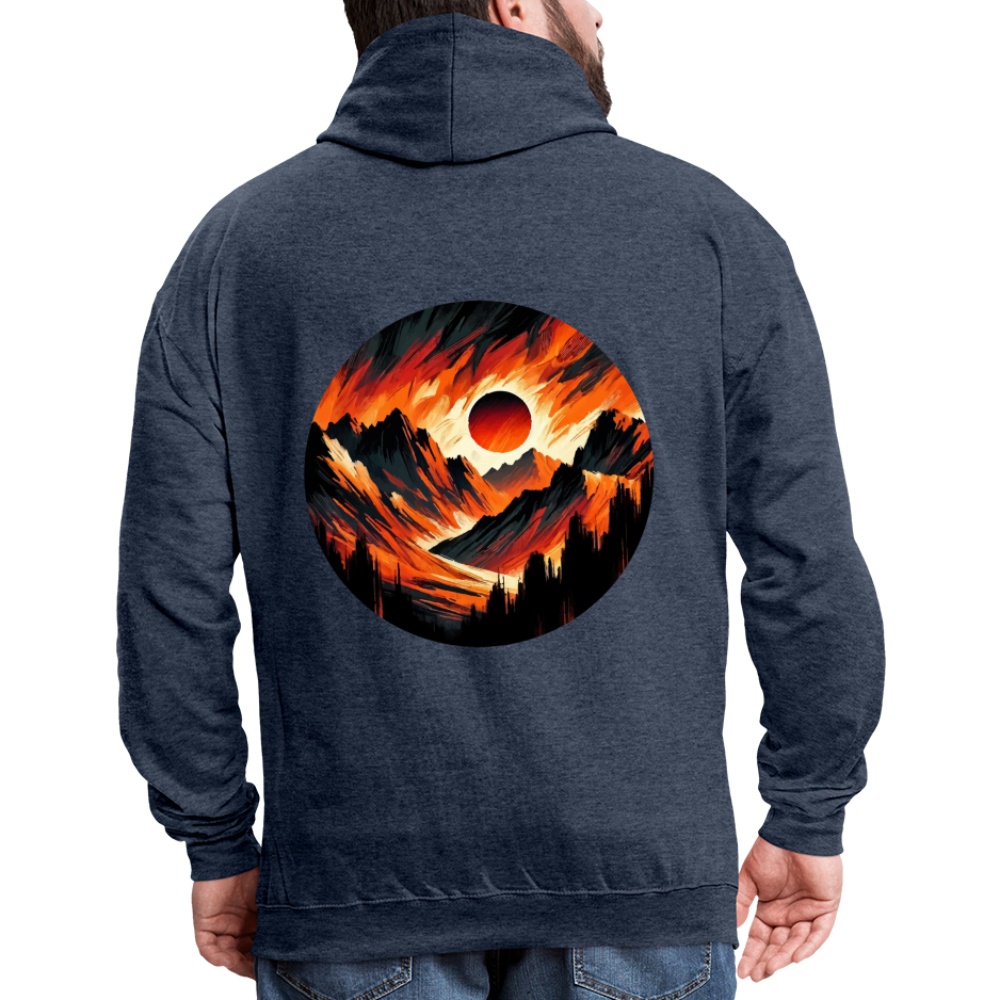 Orange and Black Mountain Range Graphic Unisex Contrast Hoodie with Logo - indigo heather/asphalt