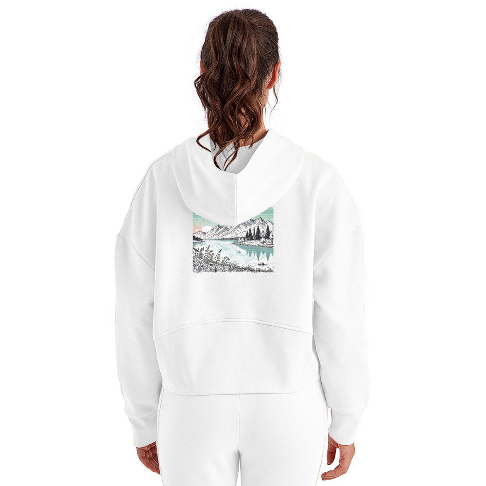 Women's Colored Mountain Lake Landscape Graphic Half Zip Cropped Hoodie with Logo - white