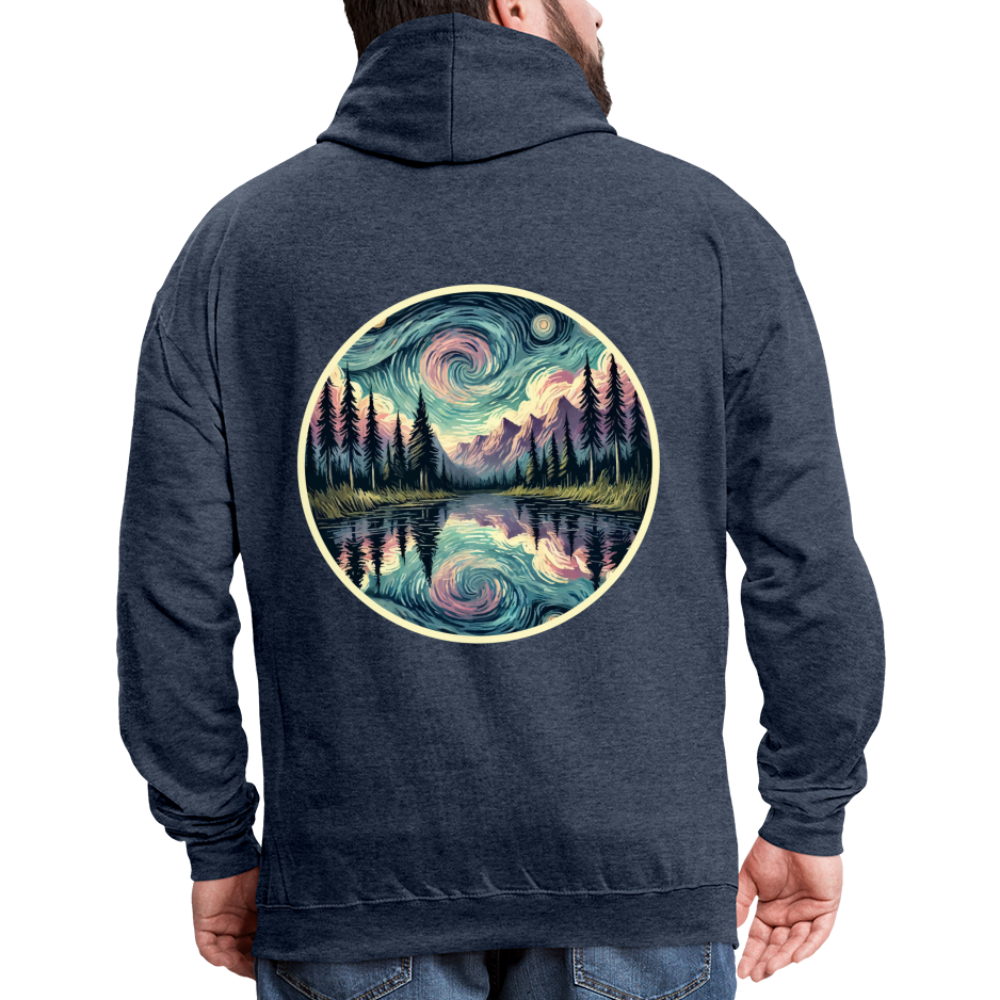 Purple Swirling Sky Reflected on Lake Graphic Unisex Contrast Hoodie with Logo - indigo heather/asphalt