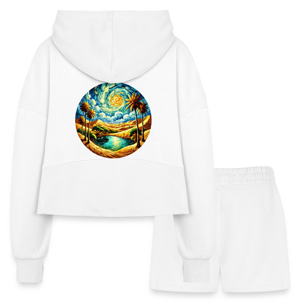 Women’s Desert Oasis Graphic Half Zip Cropped Hoodie & Jogger Short Set with Logo - white