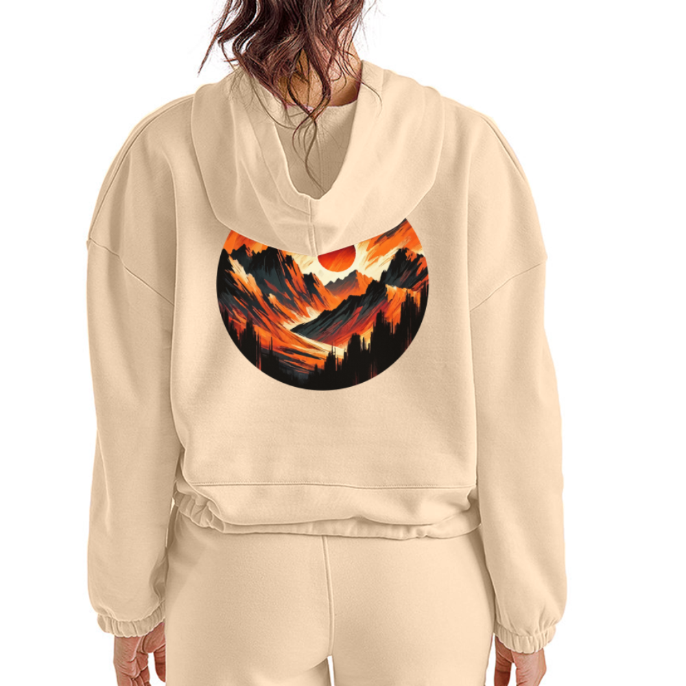 Women’s Orange and Black Mountain Range Graphic Cropped Hoodie with Logo - nude