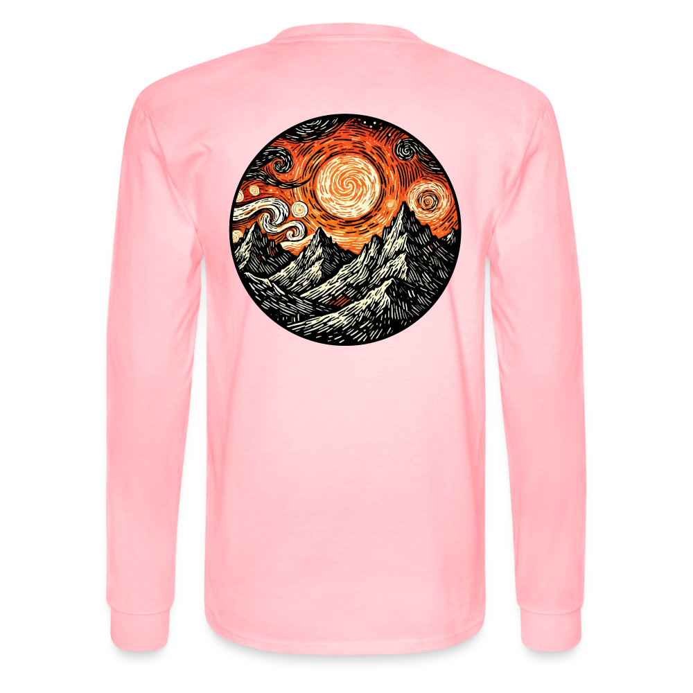 Men's Orange Swirling Mountains Graphic Long Sleeve Shirt with Logo - pink