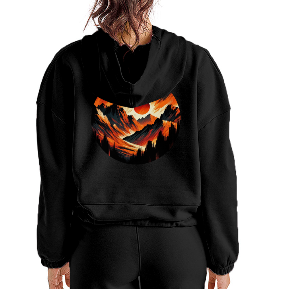 Women’s Orange and Black Mountain Range Graphic Cropped Hoodie with Logo - black