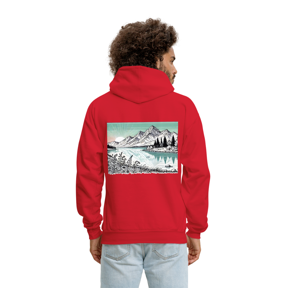 Men's Colored Mountain Lake Landscape Graphic Hoodie with Logo - red