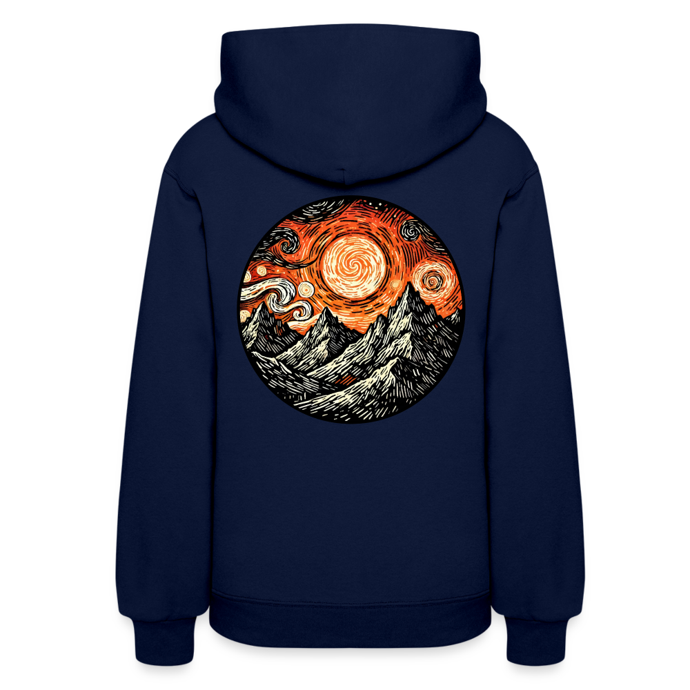 Women's Orange Swirling Mountains Graphic Hoodie with Logo - navy