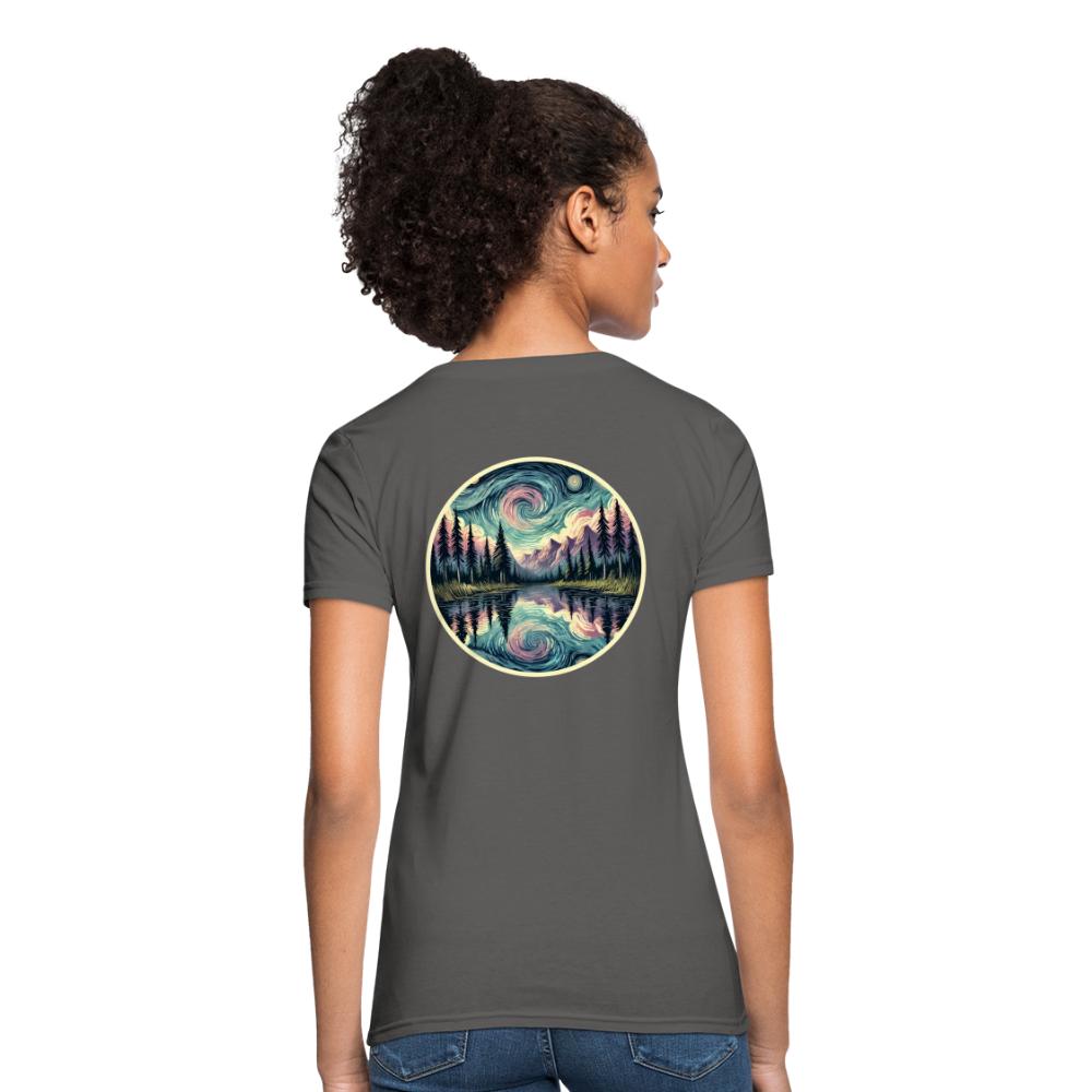 Women's Purple Swirling Sky Reflected on Lake Graphic T-Shirt with Logo - charcoal