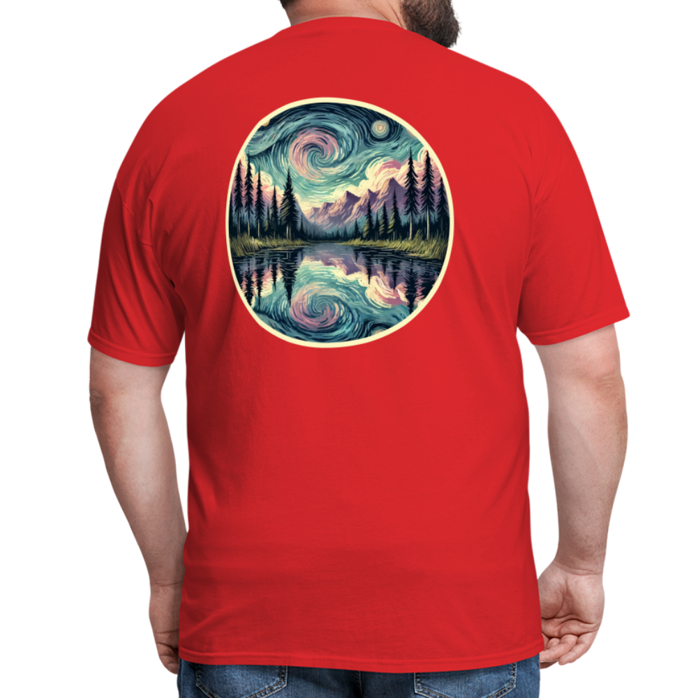 Purple Swirling Sky Reflected on Lake Graphic Unisex Classic T-Shirt with Logo - red