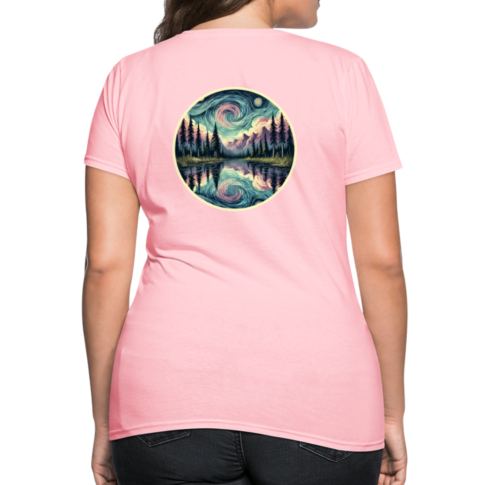 Women's Purple Swirling Sky Reflected on Lake Graphic T-Shirt with Logo - pink