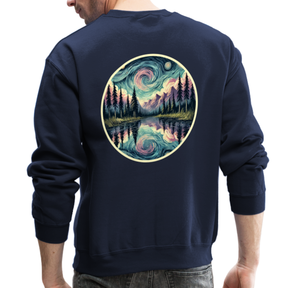 Purple Swirling Sky Reflected on Lake Graphic Crewneck Sweatshirt with Logo - navy