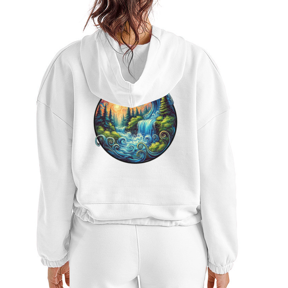 Women’s Waterfall Graphic Cropped Hoodie with Logo - white