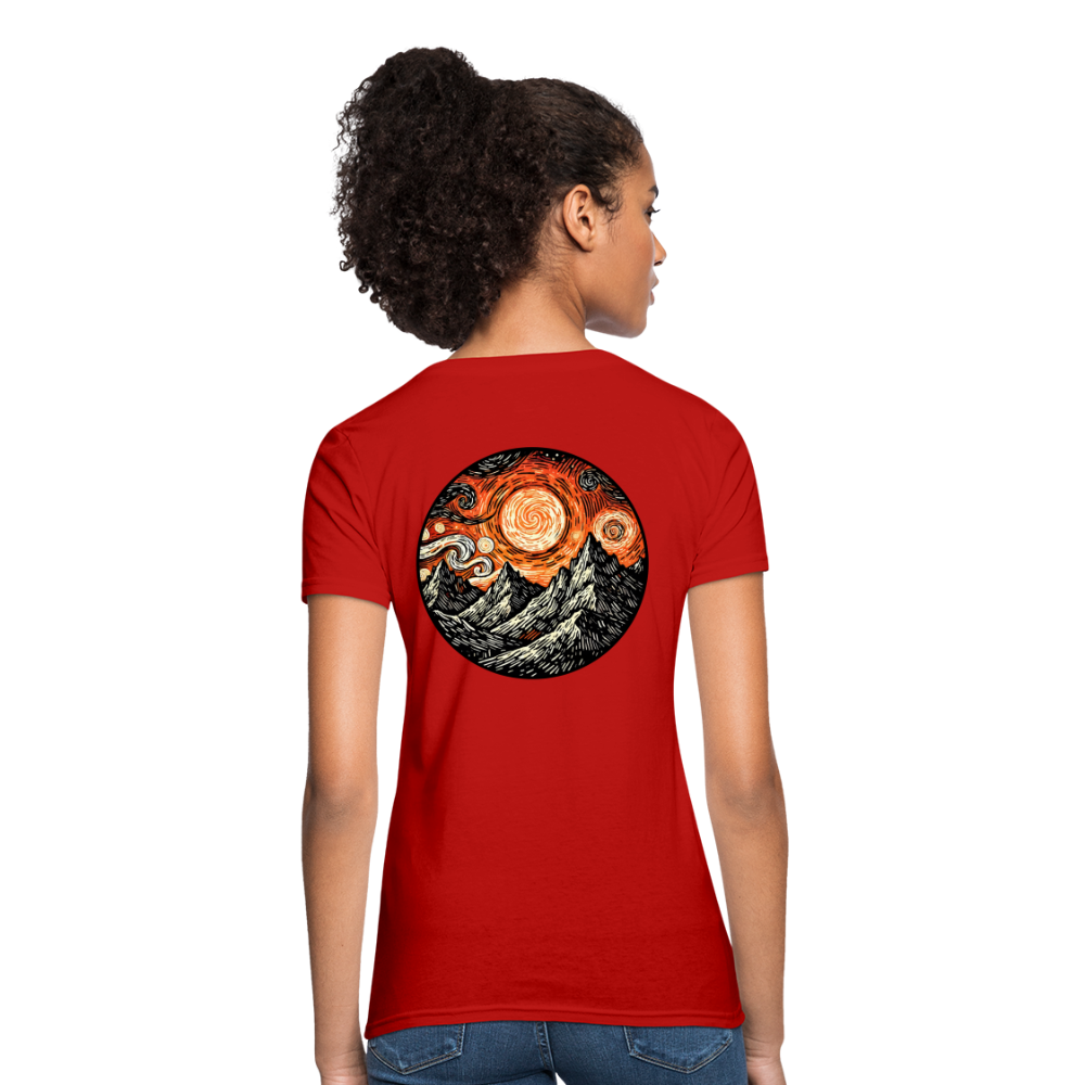 Women's Orange Swirling Mountains Graphic T-Shirt with Logo - red