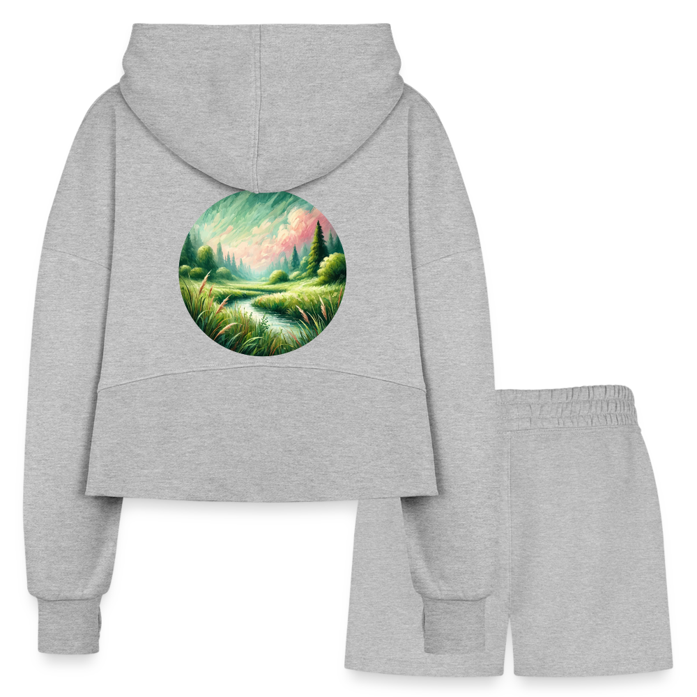 Women’s Meadow Graphic Half Zip Cropped Hoodie & Jogger Short Set with Logo - heather gray