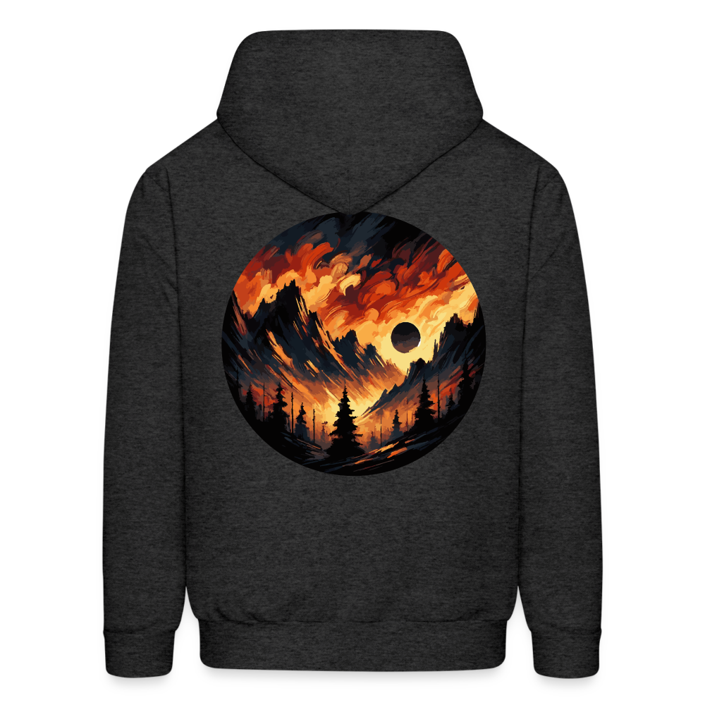 Men's Brushed Orange and Black Mountain Range Graphic Hoodie with Logo - charcoal grey