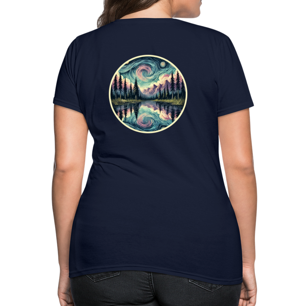 Women's Purple Swirling Sky Reflected on Lake Graphic T-Shirt with Logo - navy