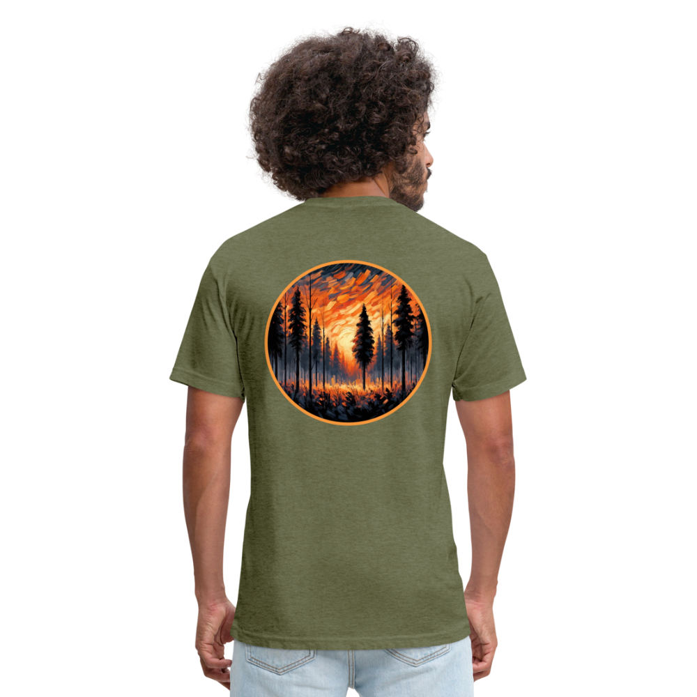 Orange Forest Sunset Graphic Unisex Fitted Cotton/Poly T-Shirt with Logo - heather military green