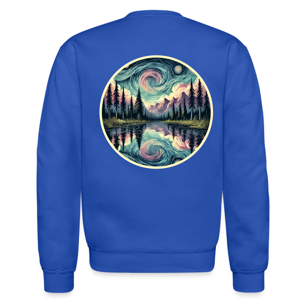 Purple Swirling Sky Reflected on Lake Graphic Crewneck Sweatshirt with Logo - royal blue