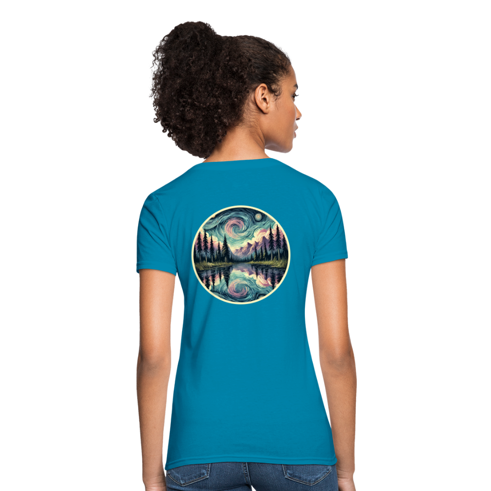 Women's Purple Swirling Sky Reflected on Lake Graphic T-Shirt with Logo - turquoise