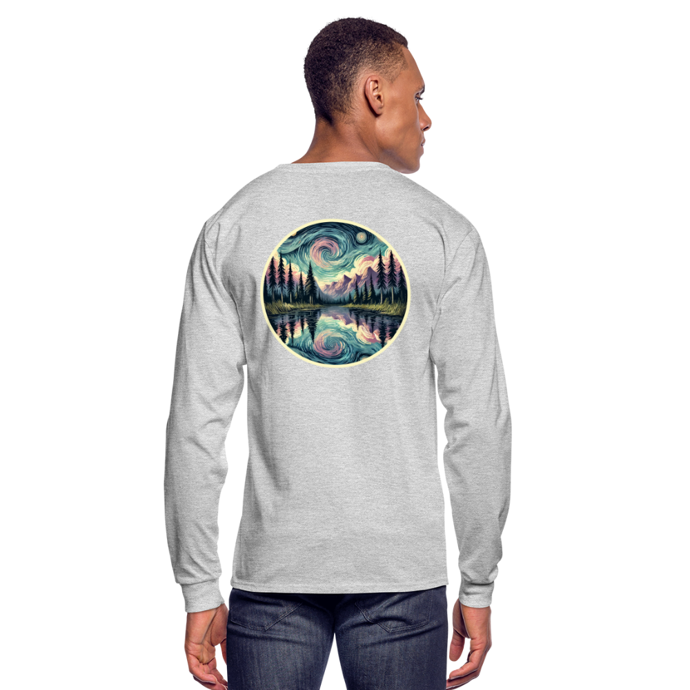 Men's Purple Swirling Sky Reflected on Lake Graphic Long Sleeve Shirt with Logo - heather gray