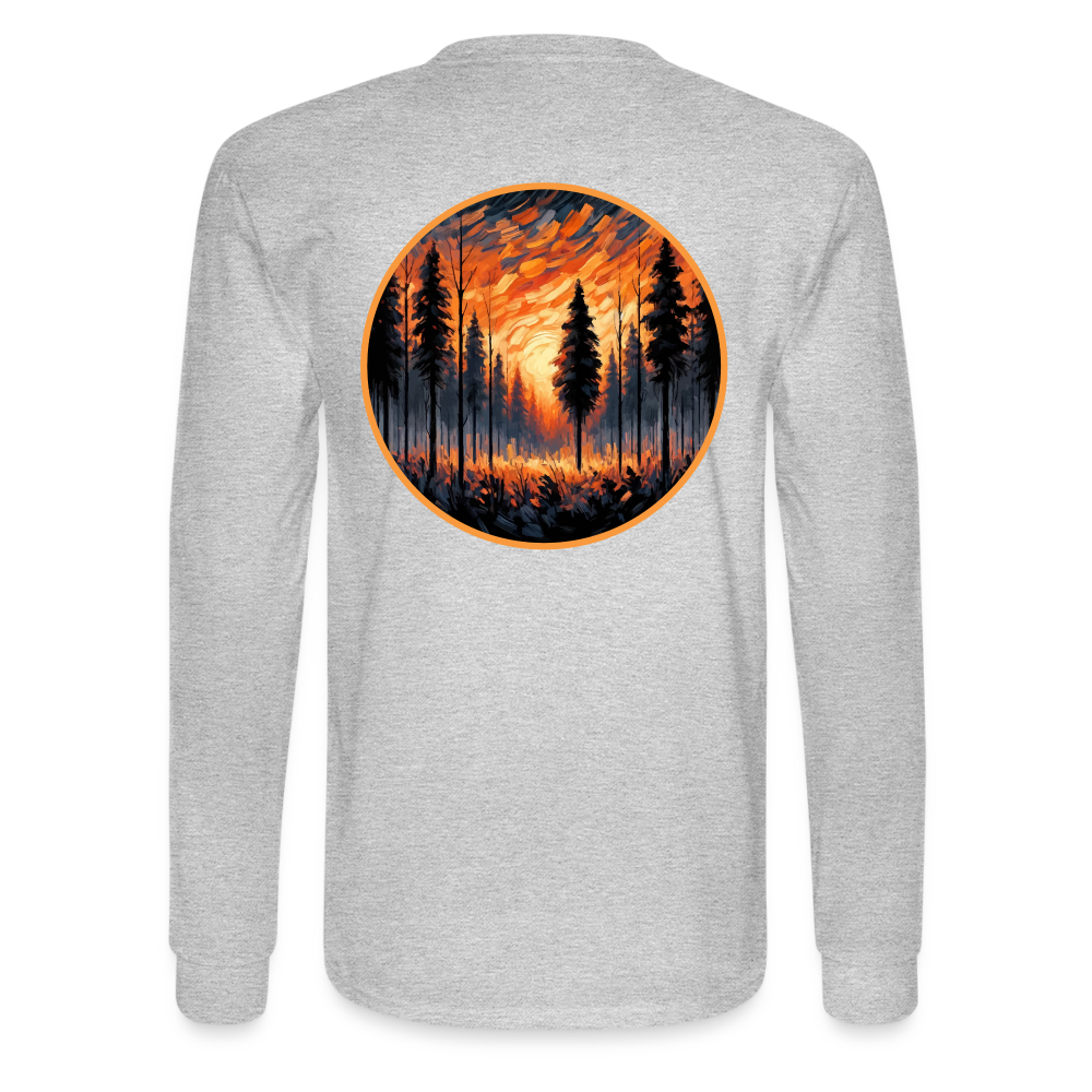 Men's Orange Forest Sunset Graphic Long Sleeve Shirt with Logo - heather gray