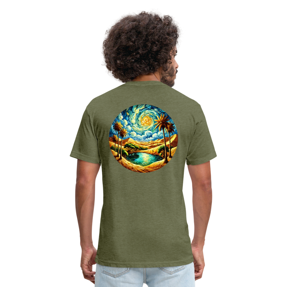 Desert Oasis Graphic Unisex Fitted Cotton/Poly T-Shirt with Logo - heather military green