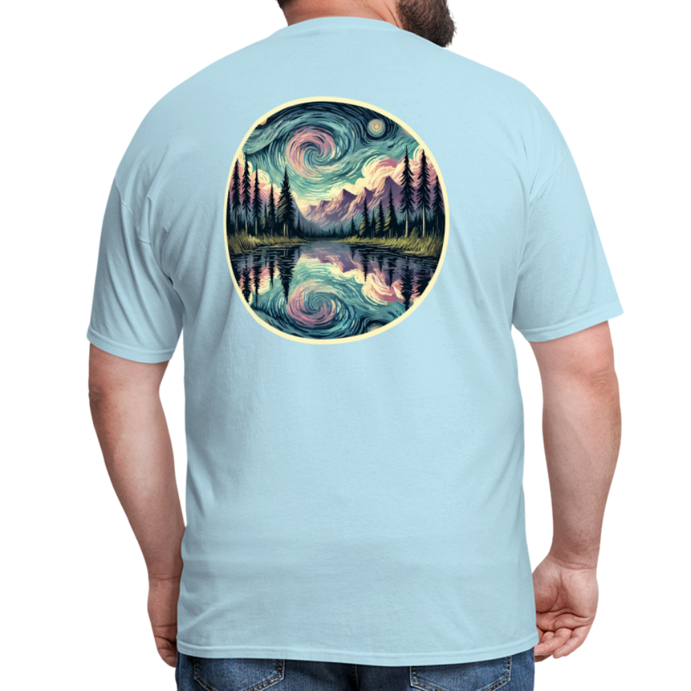 Purple Swirling Sky Reflected on Lake Graphic Unisex Classic T-Shirt with Logo - powder blue