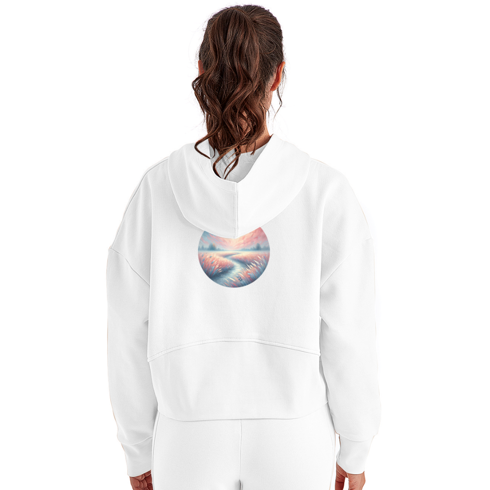 Women's River Meadow Graphic Half Zip Cropped Hoodie with Logo - white