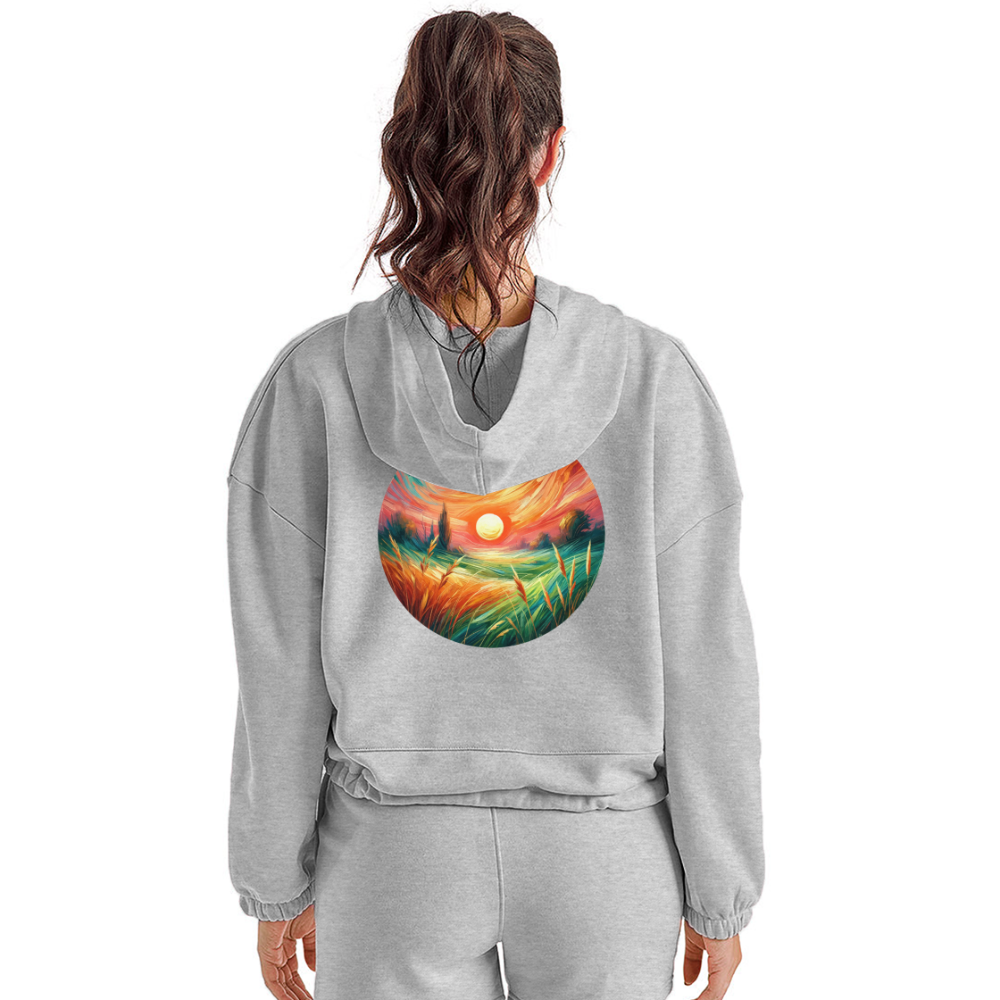 Women’s Pink Wheat Field Graphic Cropped Hoodie with Logo - heather gray