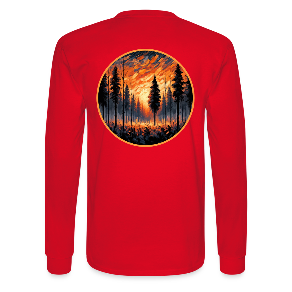 Men's Orange Forest Sunset Graphic Long Sleeve Shirt with Logo - red