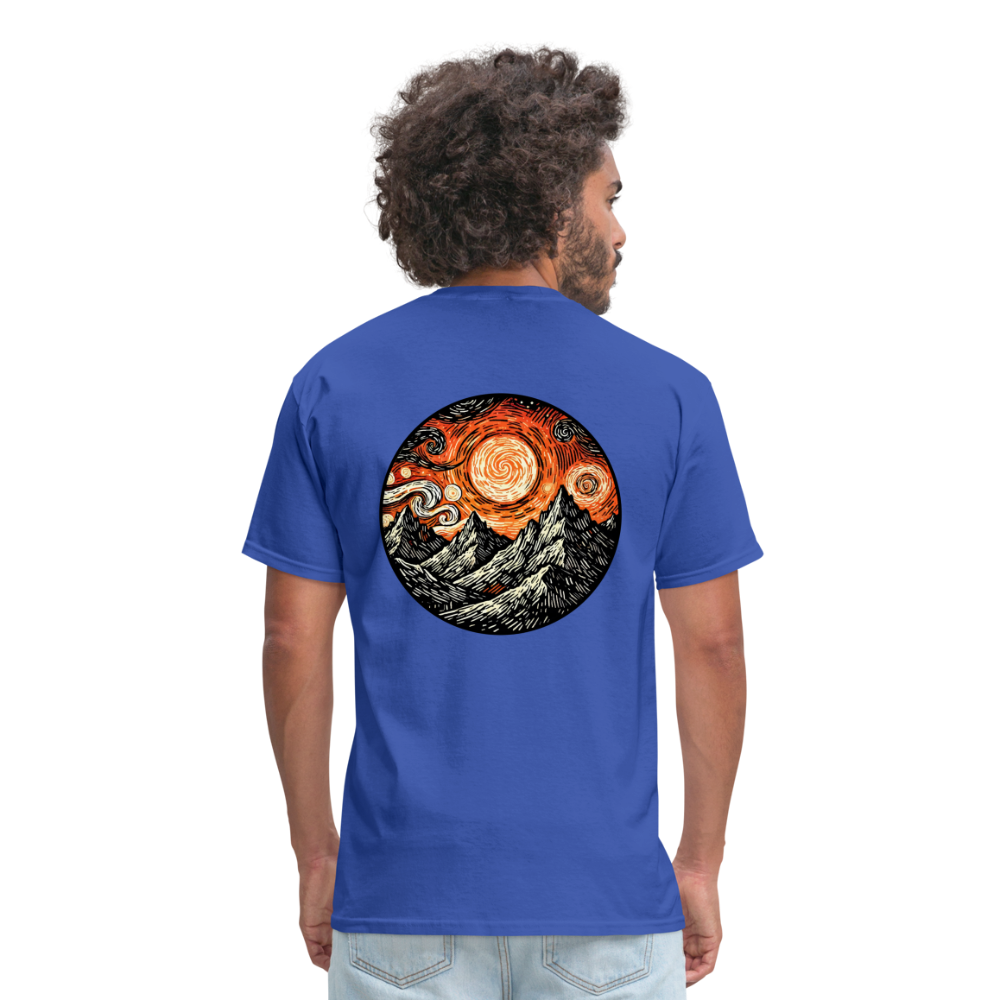 Orange Swirling Mountains Graphic Unisex Classic T-Shirt with Logo - royal blue