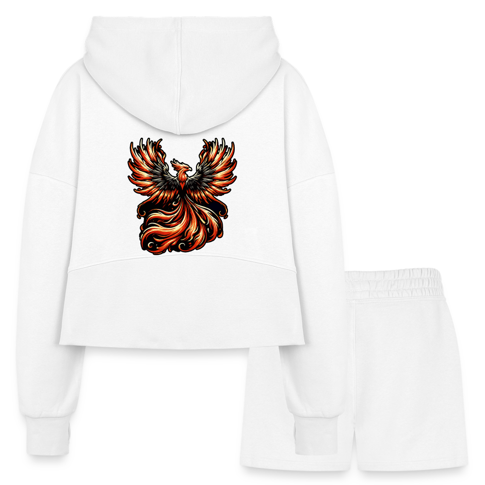 Women’s Phoenix Graphic Half Zip Cropped Hoodie & Jogger Short Set with Logo - white