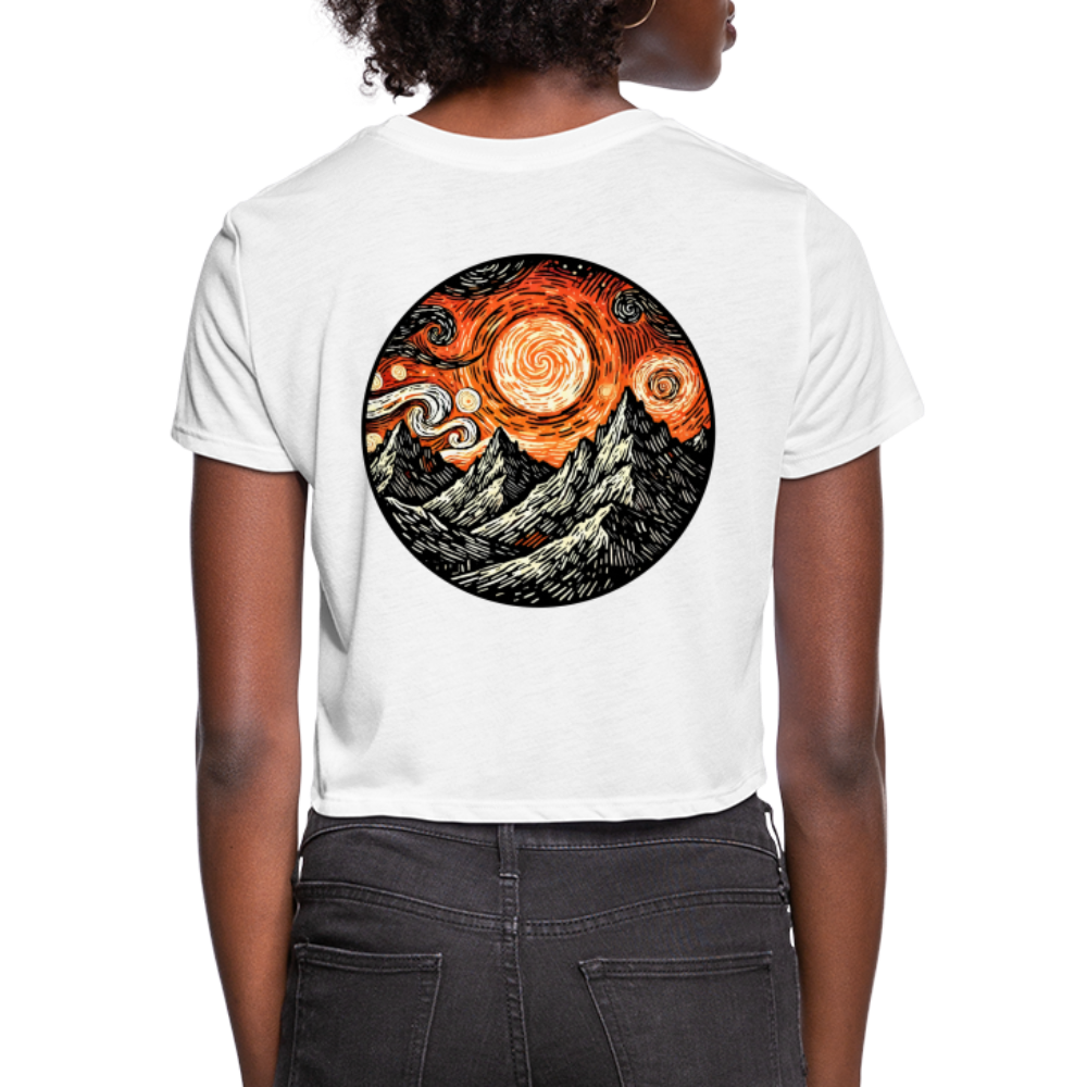 Women's Orange Swirling Mountains Graphic Cropped T-Shirt with Logo - white