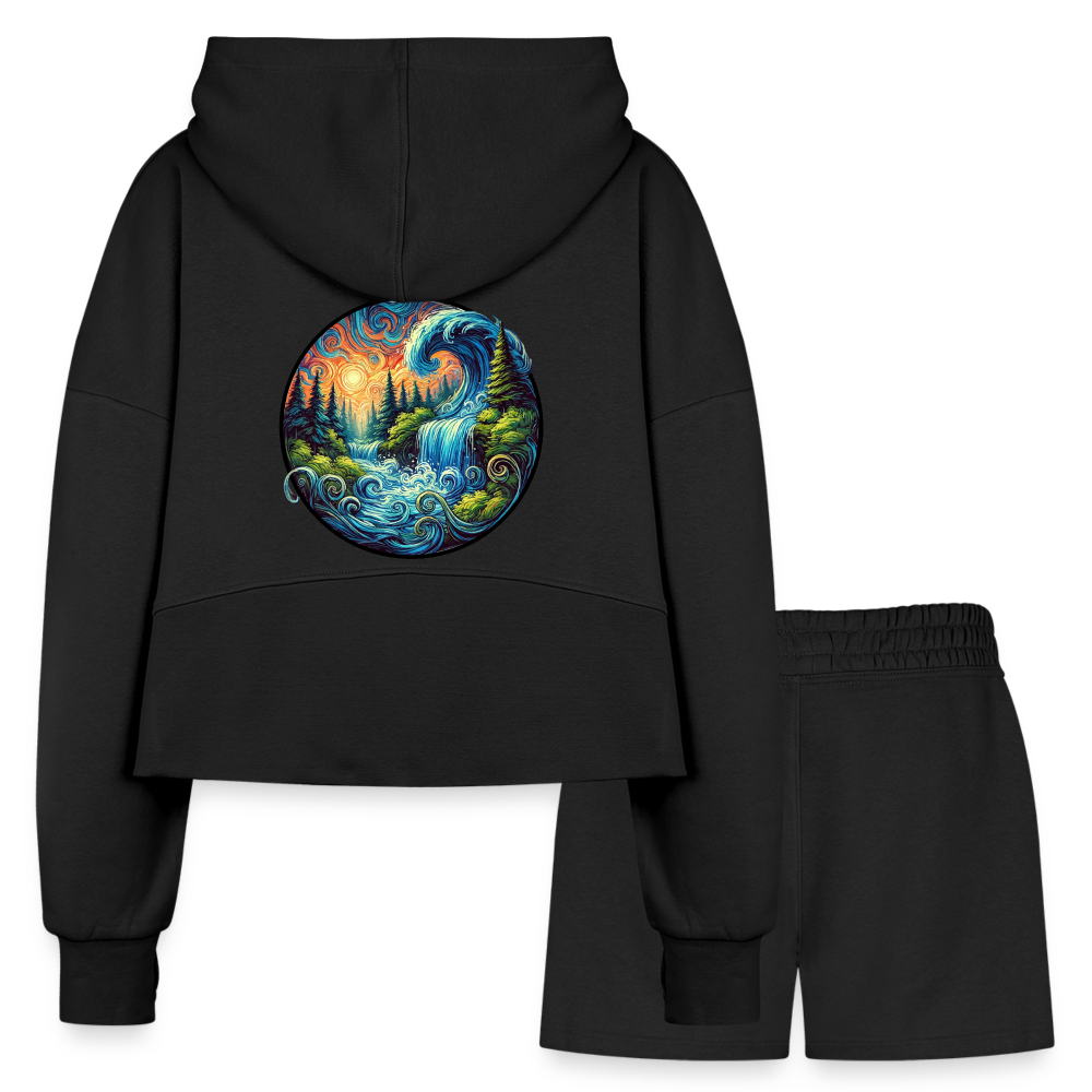 Women’s Waterfall Graphic Half Zip Cropped Hoodie & Jogger Short Set with Logo - black