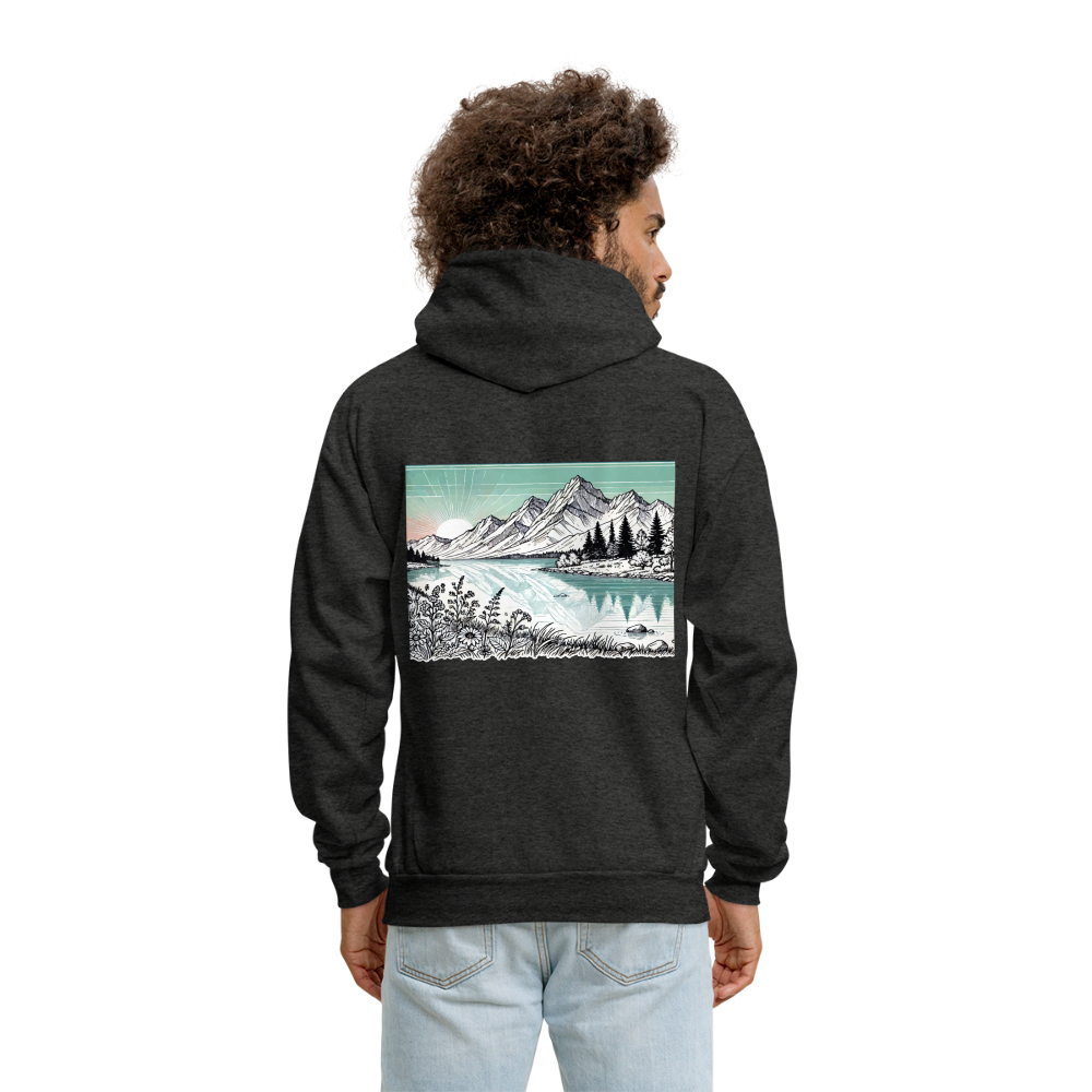 Men's Colored Mountain Lake Landscape Graphic Hoodie with Logo - charcoal grey