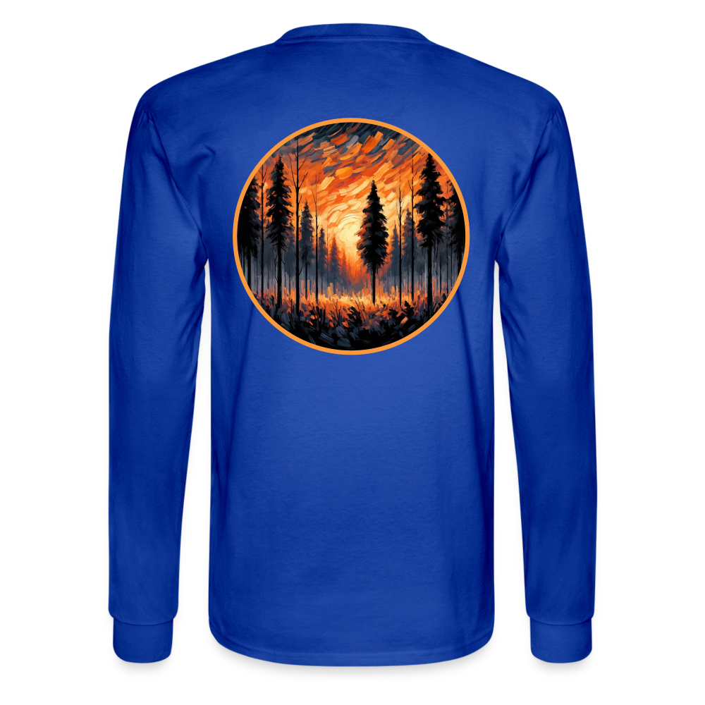 Men's Orange Forest Sunset Graphic Long Sleeve Shirt with Logo - royal blue